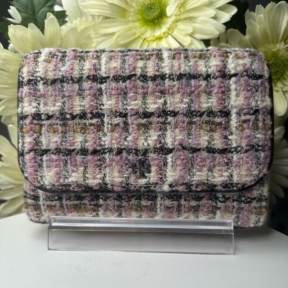 Tory Burch Emerson Tweed chain wallet NWT Ivory/Purple - Picture 1 of 13